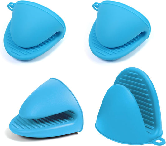 3 Pairs Oven Mitts Silicone Pot Holders Set Heat Resistant for Kitchen - Mini Silicone Oven Gloves Small Mittens Short Grips for Cooking & Baking, Blue