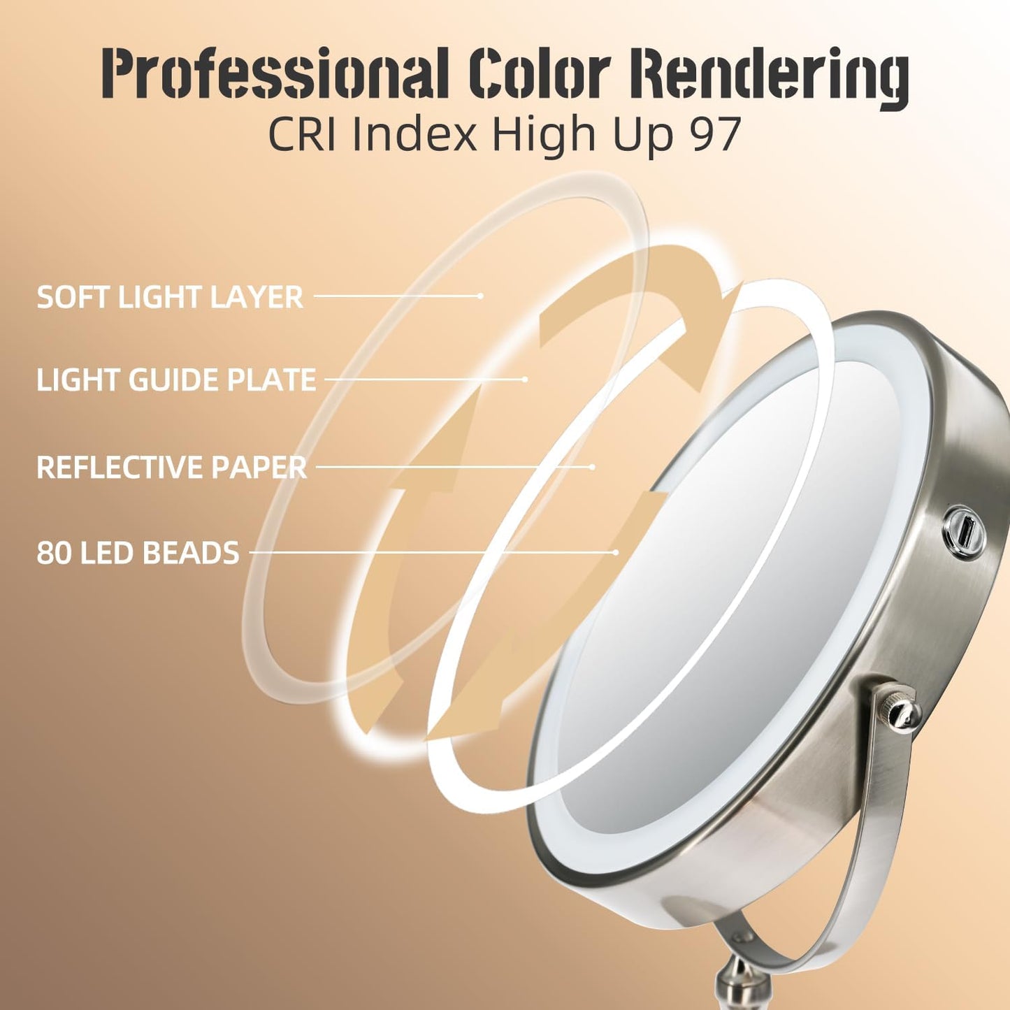 9 "Large Light Makeup Mirror, 1x / 10x True HD Magnifying Mirror, 3-Color Light dimmable, 2 Rechargeable Makeup Mirrors 360° Rotation, Standing Desk Makeup Mirror, Brush Nickel