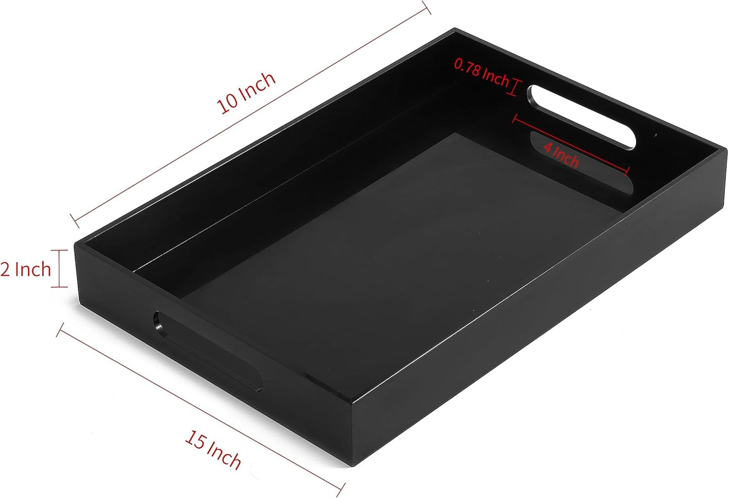 Glossy Black Sturdy Acrylic Serving Tray with Handles-10x15Inch-Serving Coffee,Appetizer,Breakfast,Butler-Kitchen Countertop Tray-Makeup Drawer Organizer-Vanity Table,Ottoman Tray-Decorative