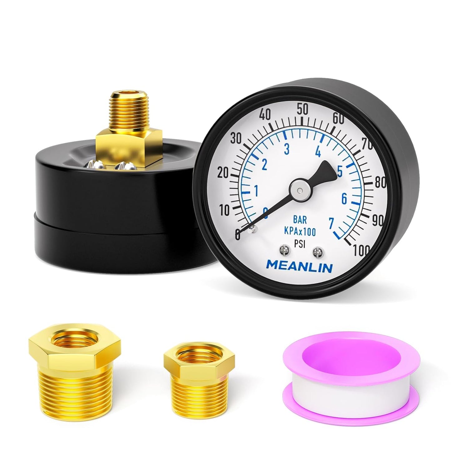 MEANLIN MEASURE 0-100Psi 2" DIAL FACE 1/8" NPT Well Pump Pressure Gauge, with 1/4" NPT and 3/8" NPT Hex Bushing, 3-2-3% Accuracy, Center Back Mount