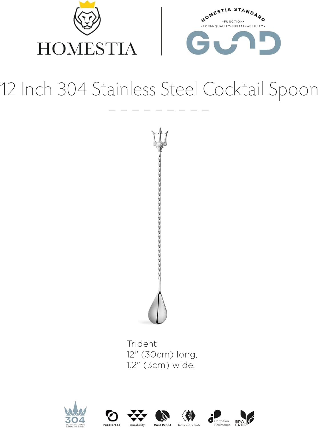 Homestia Bar Spoon Cocktail Mixing Spoon - 12'' Long Handle Stainless Steel Cocktail Stirrers with Trident Fork for Professional Bartender and Home Use, Stirrer Stir Bartender Tool