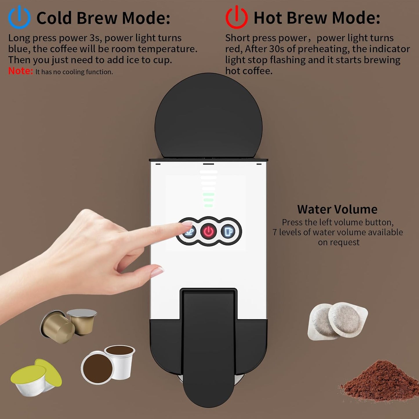 KOTLIE 19Bar Single Serve Coffee Maker, 5in1 Espresso Machine for Keu* kcup Capsules/Nespresso Original/Dolce Gusto/Ground Coffee/44mm ESE, Level 7 Water volume, Hot&Cold Brew Coffee Machine