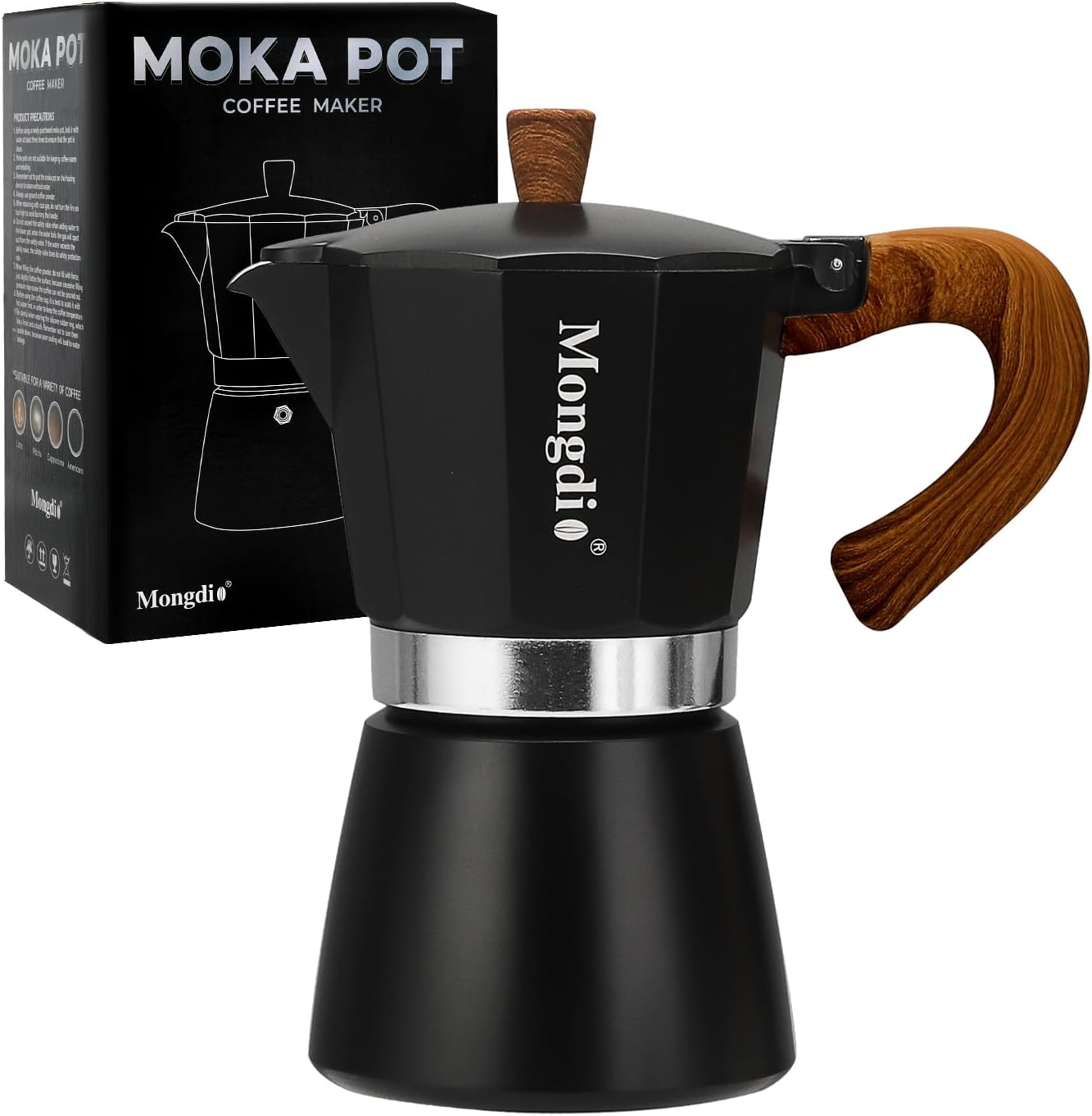 Mongdio Stovetop Espresso Maker Moka Pot, Cuban Coffee Maker Stove top coffee maker Moka Italian Espresso Greca Coffee Maker Brewer Percolator, 6 Espresso Cups, 10 oz - Black