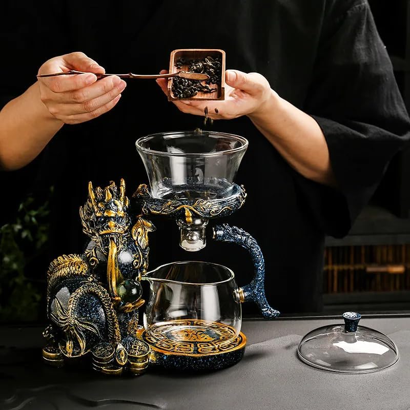 Glass Teapot Set with Infuser Semi Automatic Dragon Tea Set with 6 Small Cups (Blue golden dragon)
