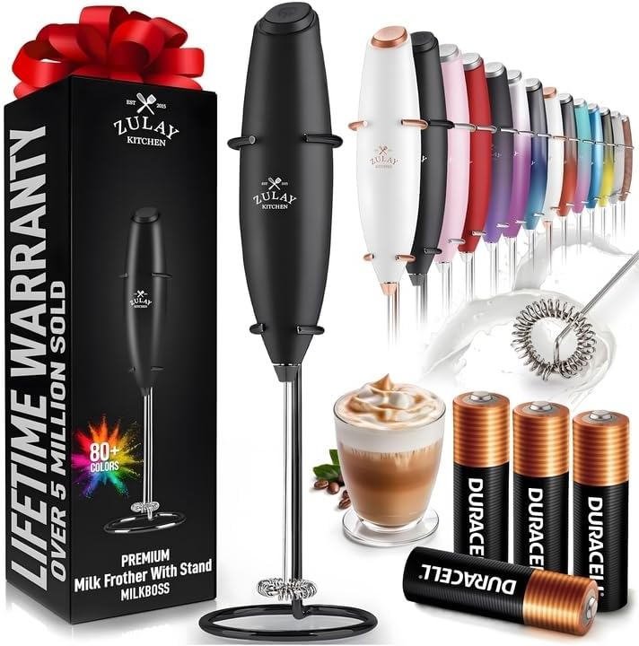 Zulay Kitchen Powerful Milk Frother Wand With 4 AA Duracell Batteries - Ultra Fast Handheld Drink Mixer - Electric Whisk Foam Maker for Coffee, Lattes, Cappuccino, Matcha & Creamer -
