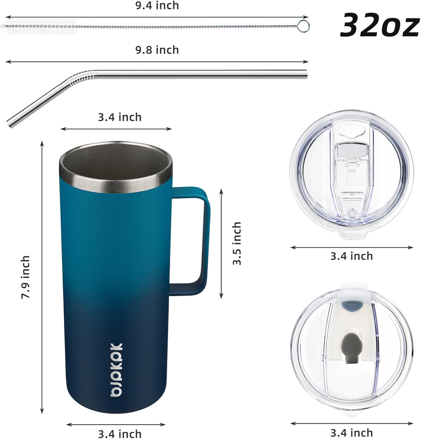 BJPKPK Insulated Coffee Mug with 2 Lids, 32oz Stainless Steel Insulated Tumbler with Handle, Double Wall Vacuum Coffee Cups, BPA Free Travel Mug for Coffee, Tea and Drinks, Vast