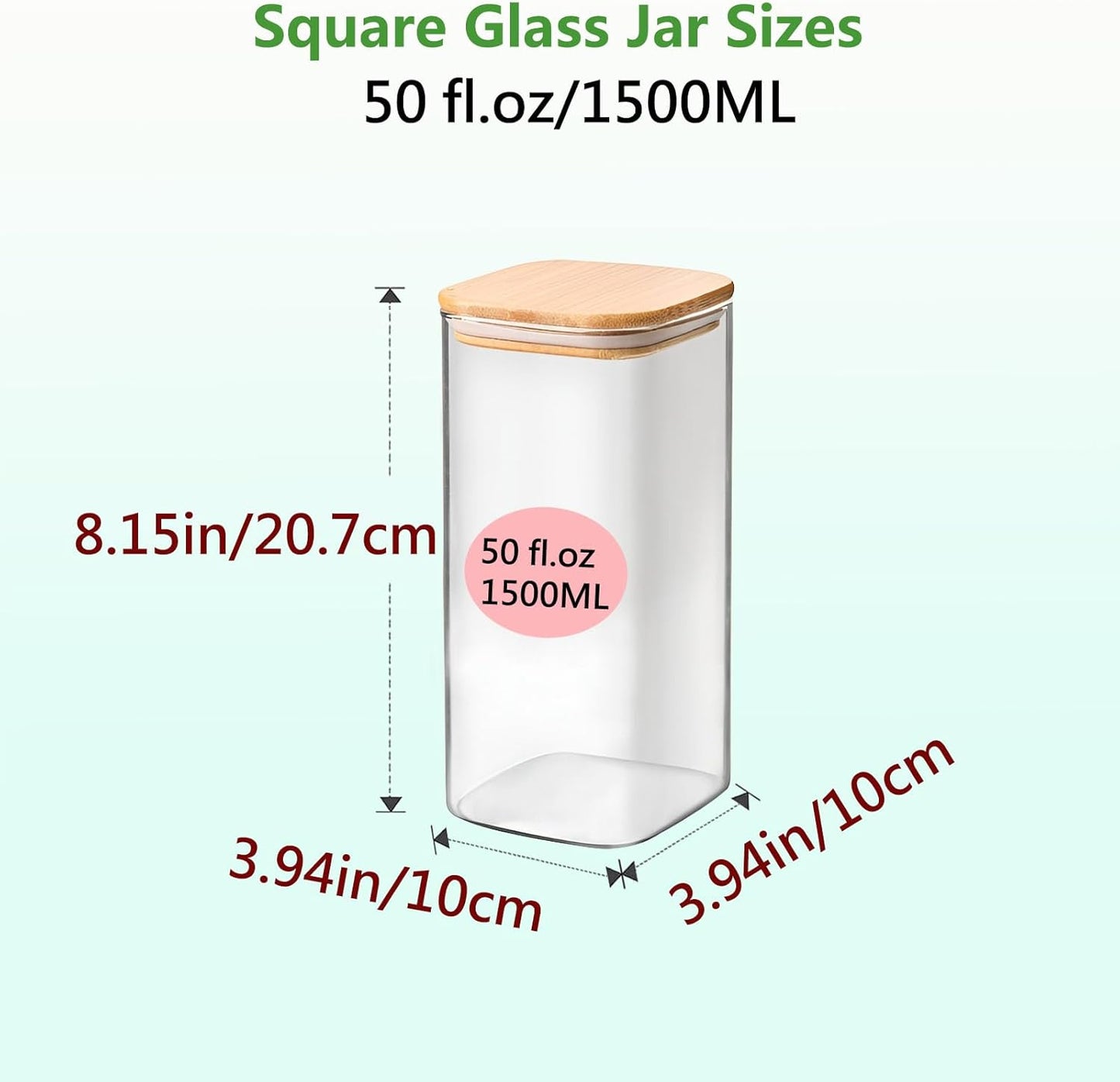 50oz Square Glass Storage Containers with Lids, Clear Food Storage Container Jar with Sealing Bamboo Lid for Noodles Flour Cereal Rice Sugar Tea Coffee Beans,Square Set of 3