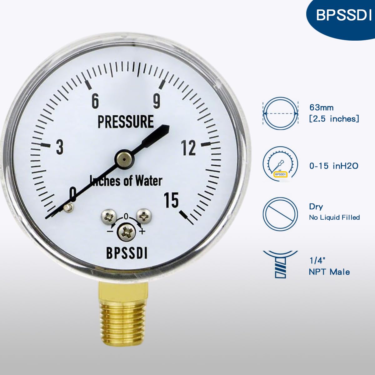 0-15 Inches of Water Column Gauge, Low Pressure Gauge, Capsule Gauge, 304 Stainless Steel Case, 2.5" Dial Size, 1/4" NPT Lower Mount, Zero Adjustment, for Air Water Gas Pressure Test