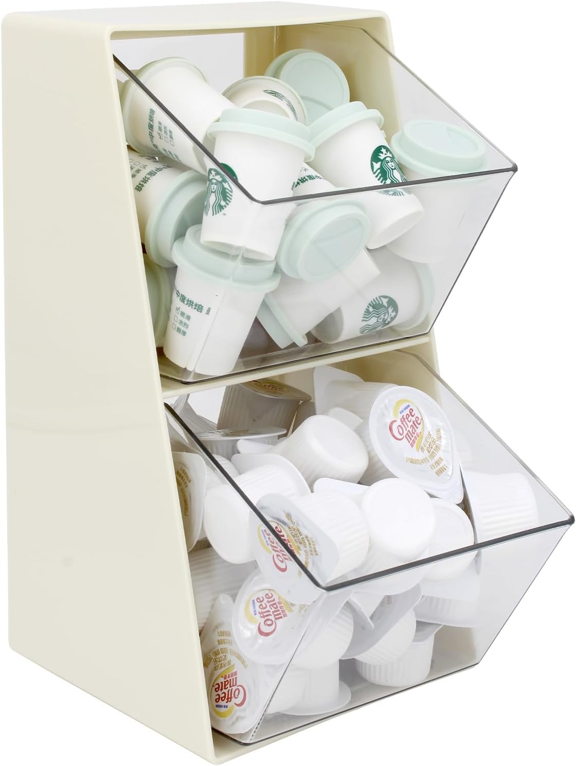 Bokelai Coffee Pod Holder with 2 Large Capacity Basket K Cup Storage Container Coffee Bar Accessories for Creamer Suger Plastic Desk Organizer Box Tea Bag Organizer Creamy White/Clear