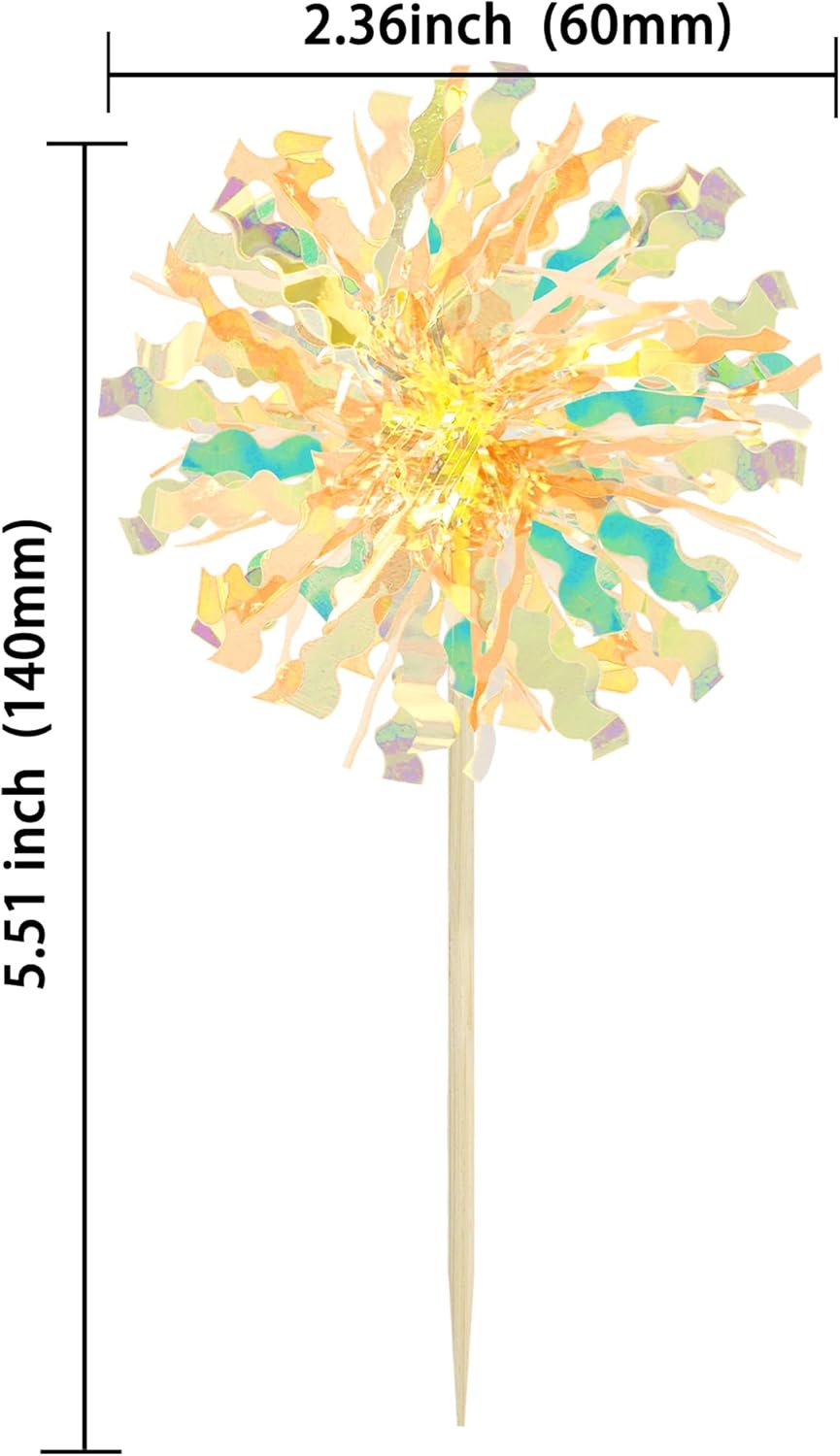 Ephlyn 30Pcs Foil Firework Cupcake Toppers Sparkle Tinsel Drink Birthday Cake Decorations Cocktail Food Fruit Toothpick for New Years Wedding Birthday Party Decorations Yellow