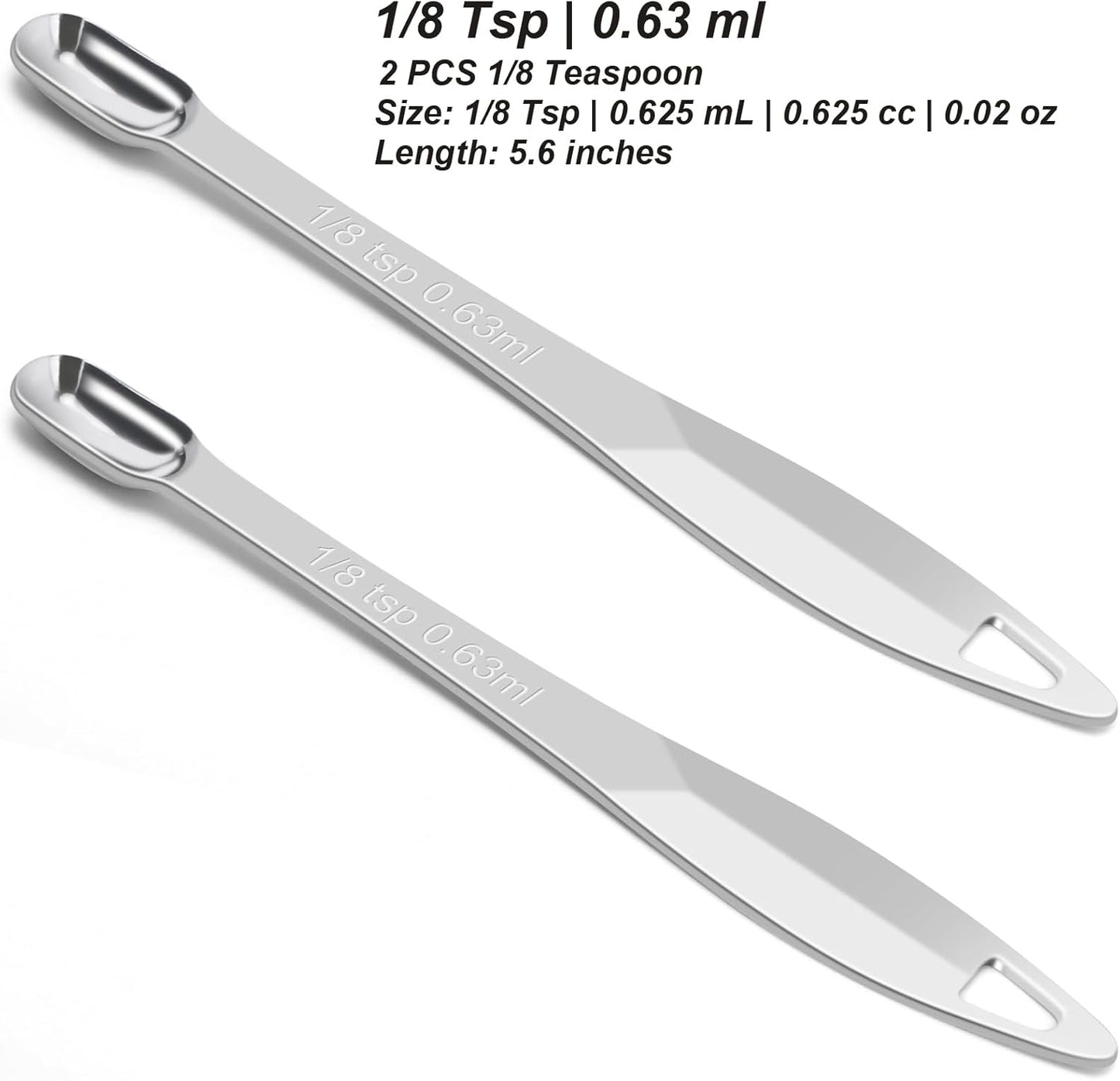 2 Pcs 1/8 Teaspoon (0.63 mL | 1/8 Tsp | 0.63 cc | 1/64 oz) Stainless Steel Single Measuring Spoon, Long Handle Metal Measuring Spoon, Kitchen Gadgets for Cooking & Baking