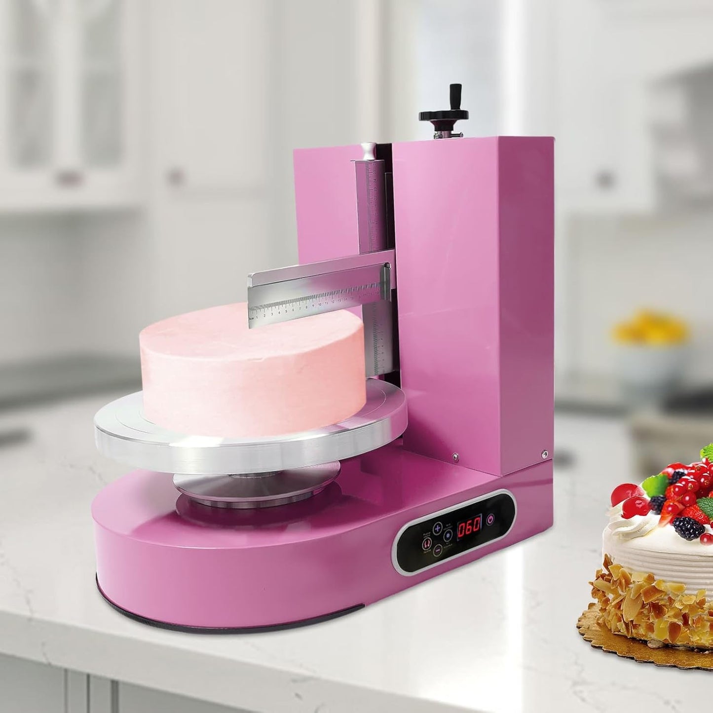 Cake Decorating Machine, Automatic Cake Cream Spreading Machine 200W for 4-12" Cakes, Cake Frosting Machine, 60-320rpm Rotating Speed, Turntable with Adjustable Scraper, LCD Display (Pink)