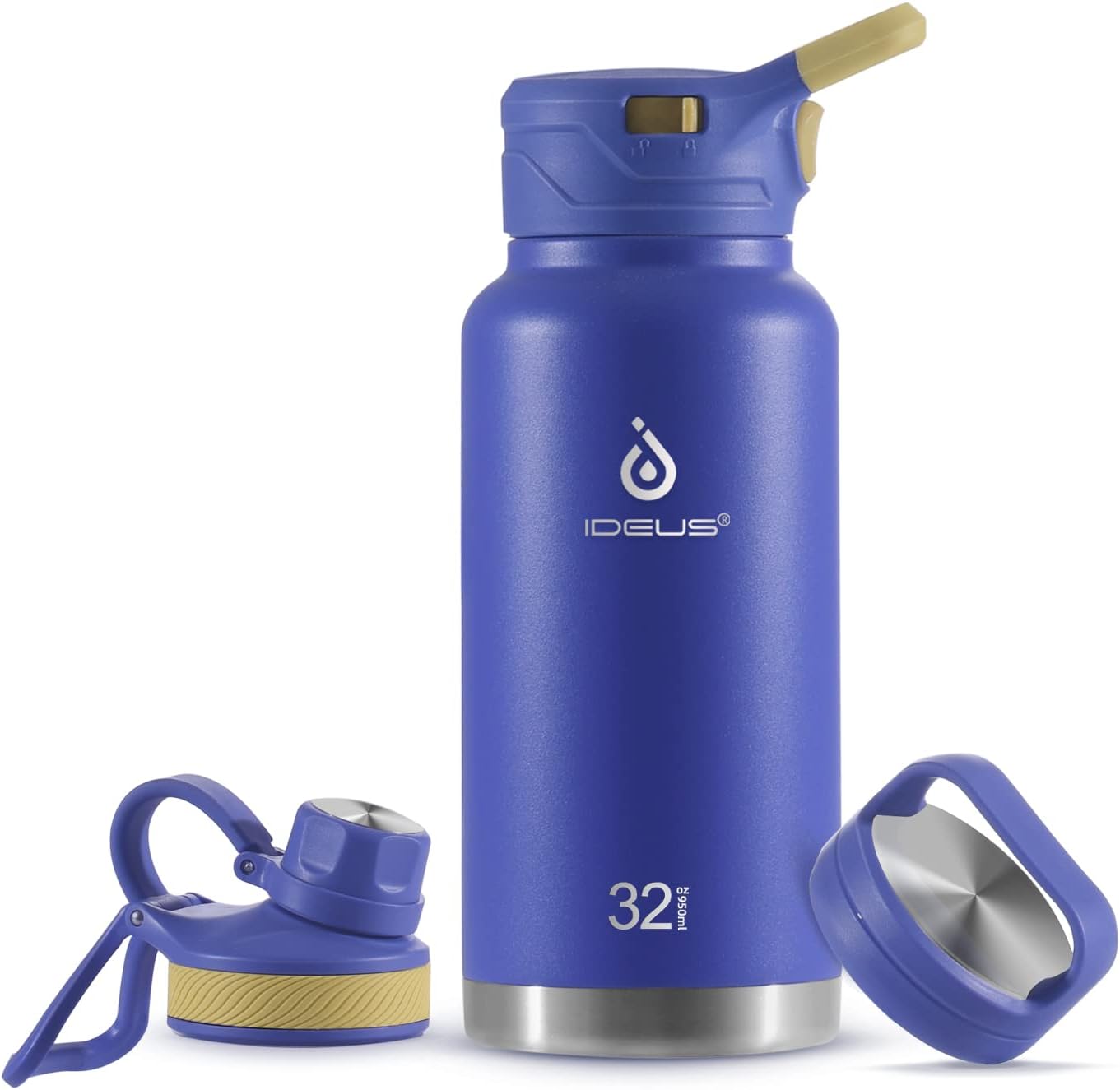 IDEUS Insulated Stainless Steel Water Bottle with 2 Leak-Proof Lids, Thermal Water Flask for Hiking Biking, 32oz, Purple