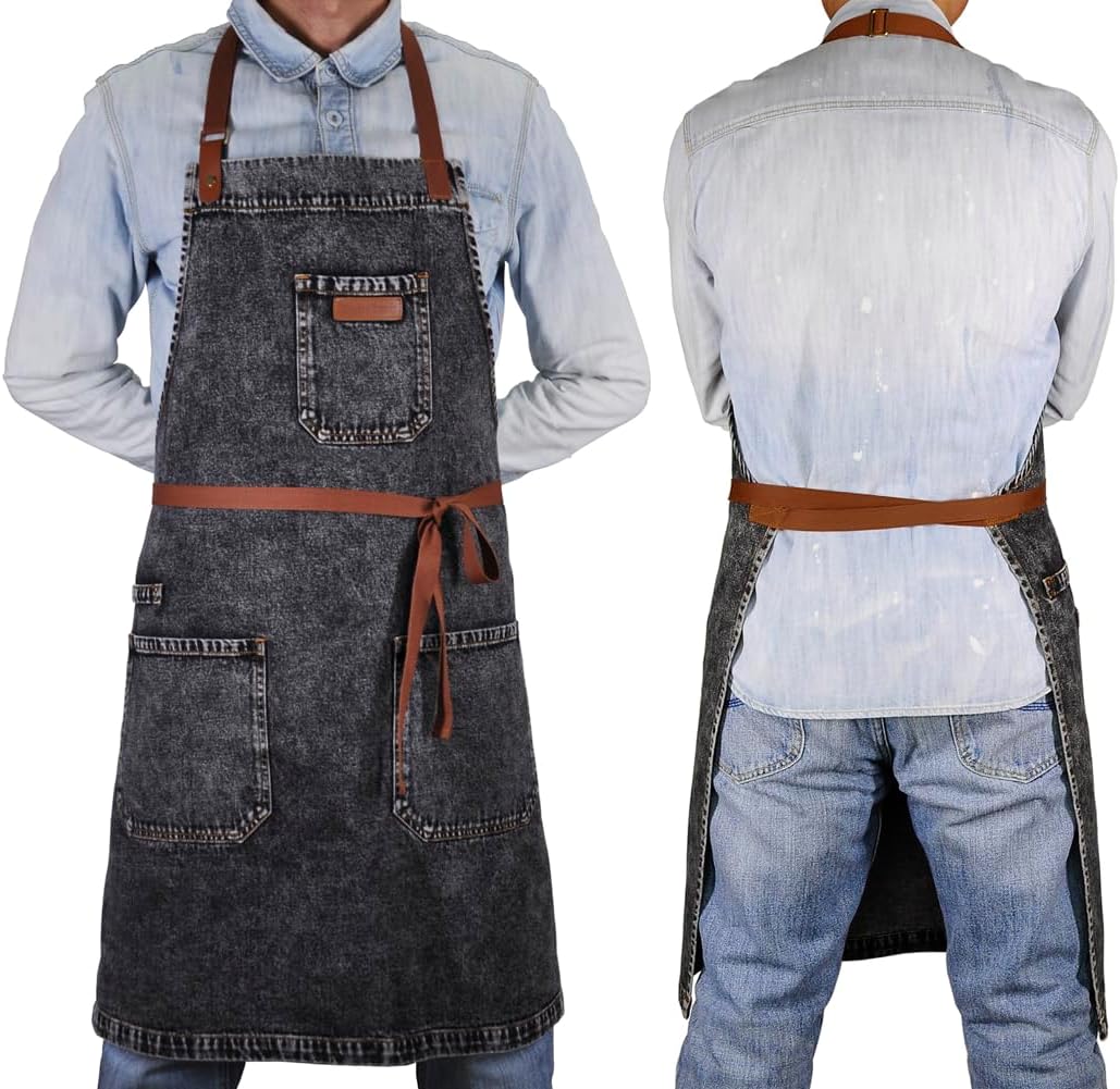 Denim Apron with Pockets, Mens Womens Professional Black Kitchen Bib Apron for Chef Cooking Grill BBQ, with Towel Loop and Adjustable Neck Straps