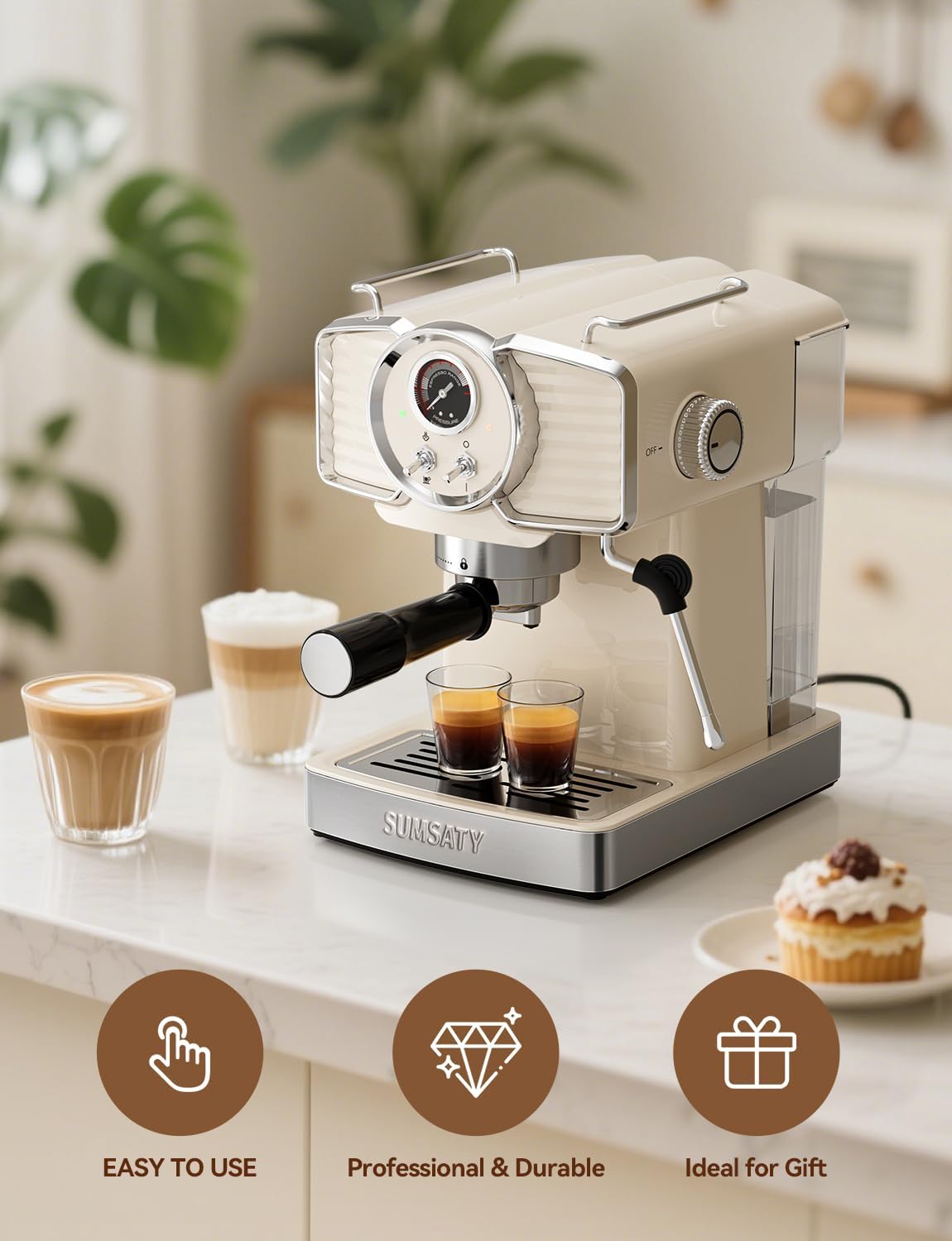 Espresso Machine 20 Bar, Professional Espresso Maker with Milk Frother Steamer Wand, Espresso Coffee Machine Off-white, Cappuccino & Latte Machine for Home, Retro, 1.8L Removable Water Tank