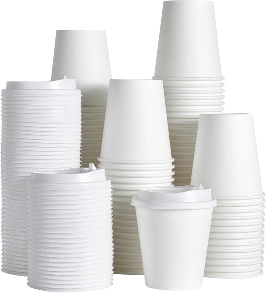 JOLLY PARTY [100 Pack] 10 oz Paper Coffee Cups, Disposable Paper Coffee Cup with Lids, Hot/Cold Beverage Drinking Cup for Water, Juice or Tea, Suitable for Home, Shops and Cafes