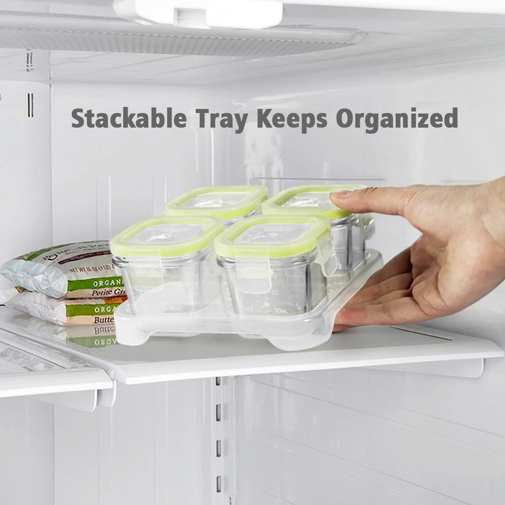 Matyz 4-Pack Glass Baby Food Storage Containers with Airtight Lids and Stackable Tray (Green, 3 OZ Each) - Small Freezer Storage Containers for Baby On The Go - Air Tight Food Storage Containers