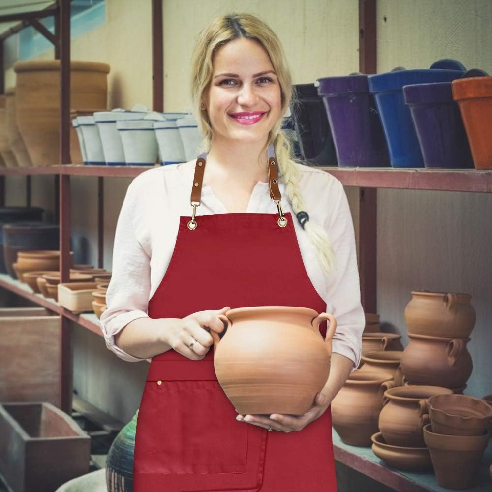 Mignongirl Crossback Apron with Pockets x2,Split Apron with Adjustable Straps,M-XXL