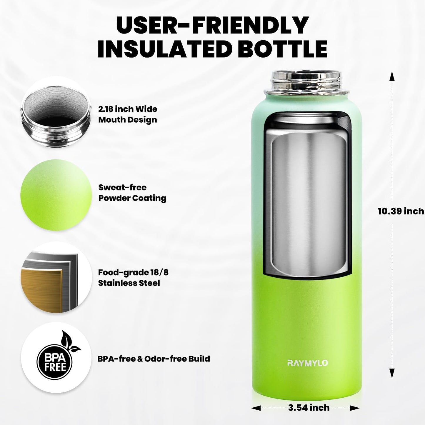 Insulated Water Bottle 40 oz, Triple Wall Vacuum Stainless Steel (Cold for 48 Hrs), Leak Proof & Non-BPA, Modern Water Flask Jug with Paracord Handle & Straw Spout Lids, Ombre Green