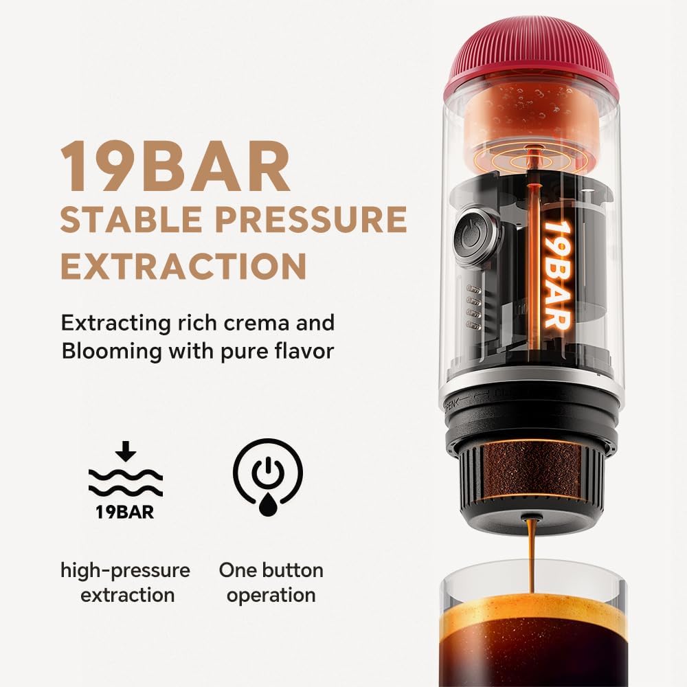 BENFUCHEN Portable Electric Espresso Machine, Travel Coffee Maker for Camping, On the Go Car Coffee Maker Self-Heating with USB-C, With Ground Coffee & N Espresso Capsule for RV/Hiking/Office, Red