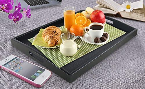 DILLMAN Serving Tray Large Black Wood Rectangle Food Tray Butler Tray Breakfast Tray with Handles (Large+Small)