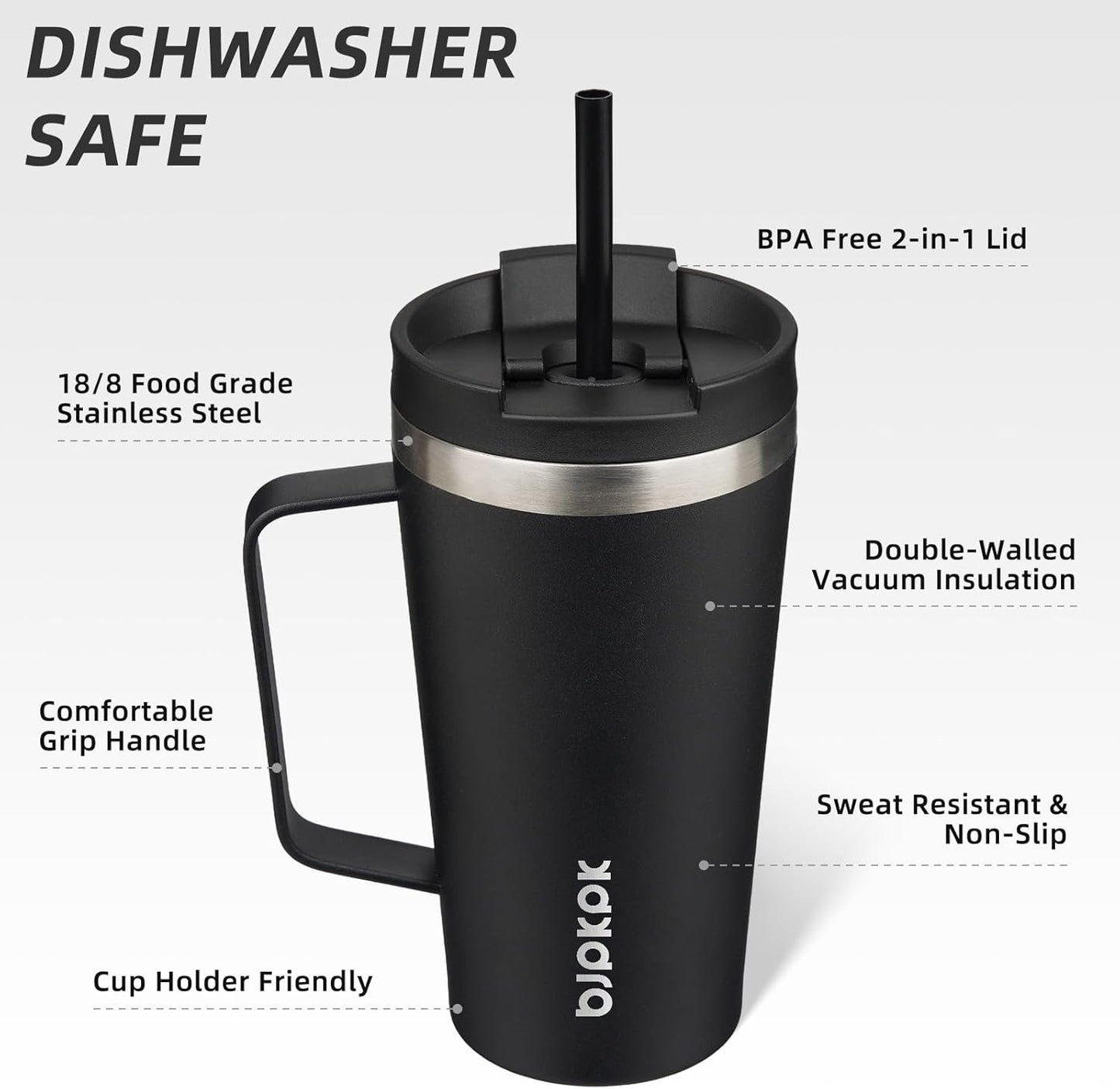 BJPKPK Insulated Tumbler with Handle, 18oz Insulated Tumblers with Lid and Straw, Stainless Steel Metal Water Bottles, Coffee Travel Mugs, Cups, Black