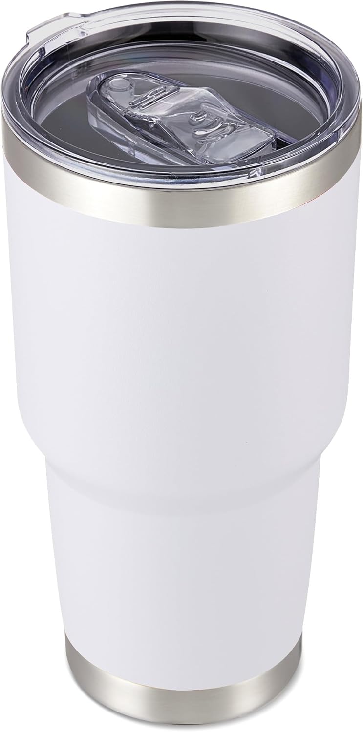 30 oz Tumbler with Lid Stainless Steel Tumblers Vacuum Insulated Cup Reusable Powder Coated Travel Mug Double Wall Leak Proof Portable Cups Keep Cold Drinks for 12 Hours, White, 1 Pack