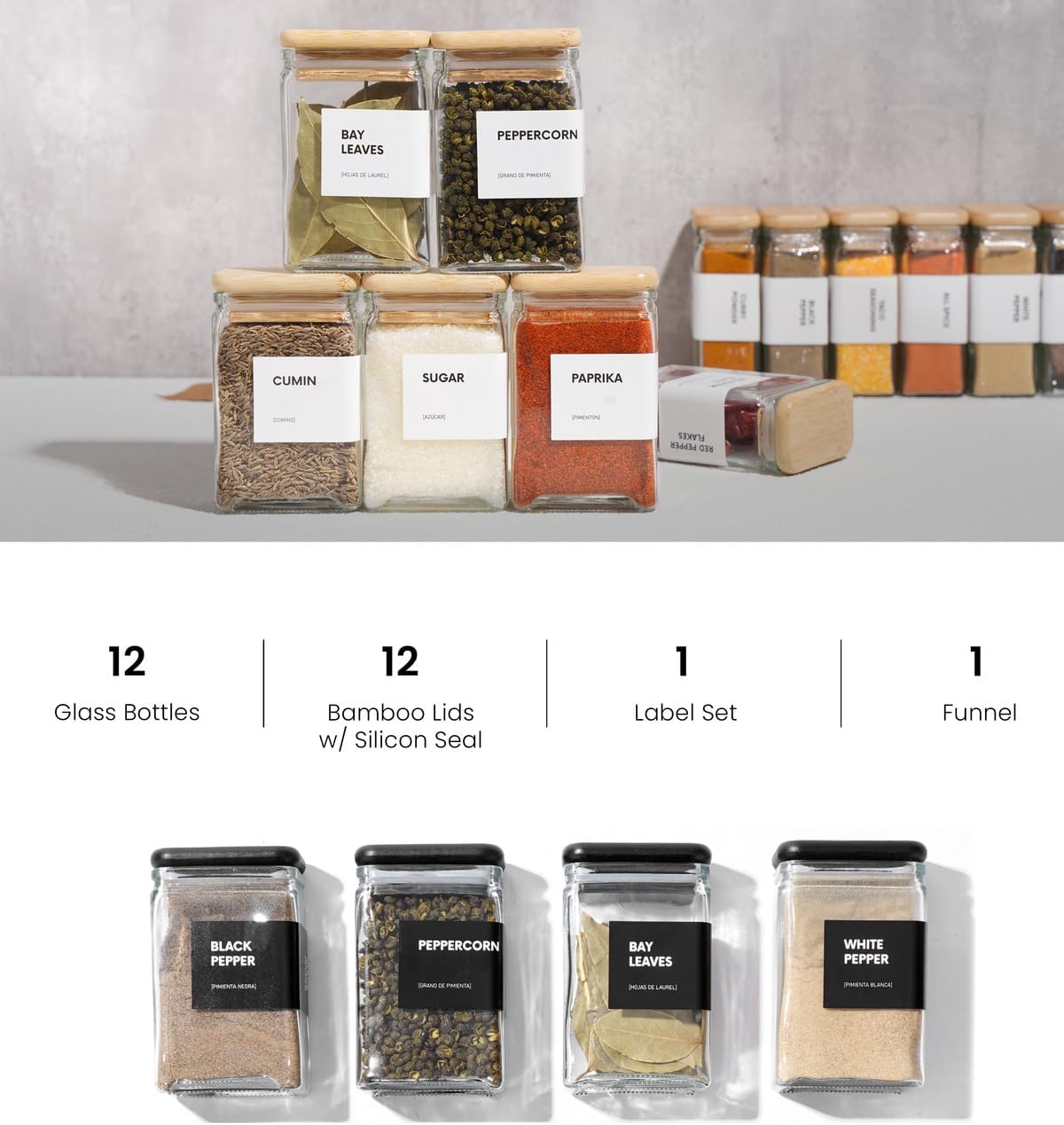 Glass Square Spice Jars with Labels, 4oz Glass Jars with Bamboo Lids, Spice Bottles, Seasoning Organizer, 12 Pack (White)