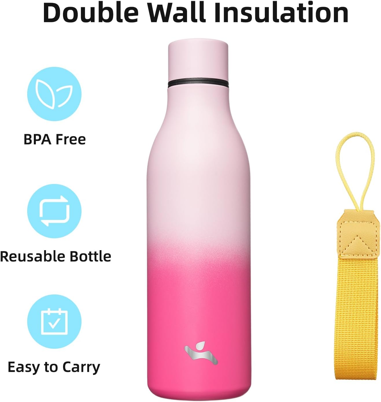 Insulated Water Bottle with Strap,25 oz Double Wall Stainless Steel Vacuum Bottles Metal Water Flask,Cherry