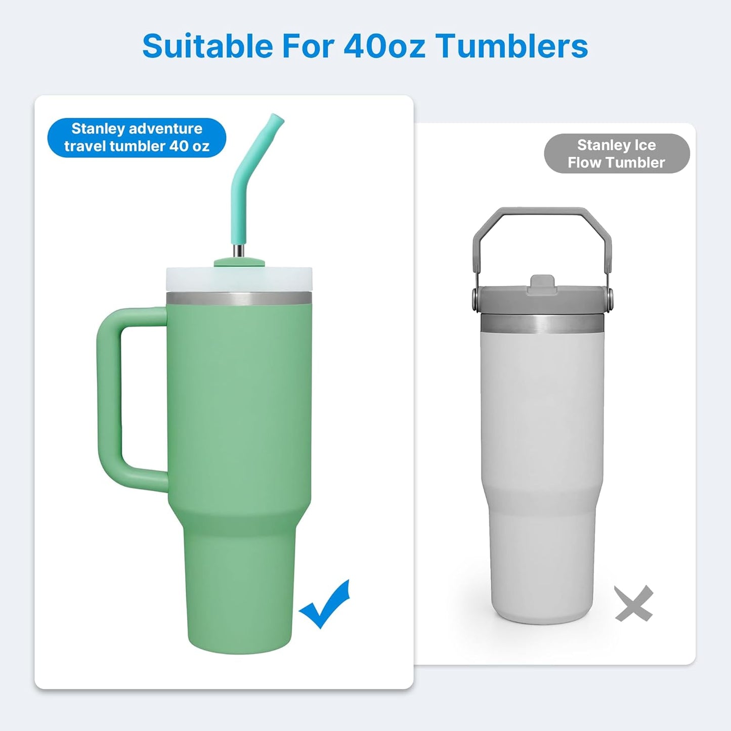 2 Pcs Stainless Steel Straws for 40 oz Stanley Tumbler, Replacement 40 oz Stanley Cup Straw Accessories with Silicone Tips and Cleaning Brush (Teal)