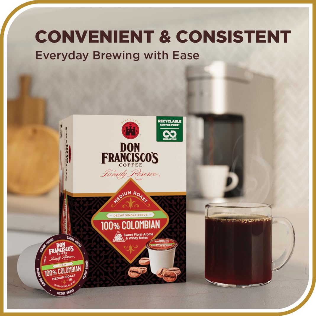 Don Francisco's Decaf Colombia Coffee - 24 K-Cup Compatible Single-Serve Pods - 99.7% Caffeine-Free - 100% Arabica - Recyclable through TerraCycle - Compatible with Keurig Brewers