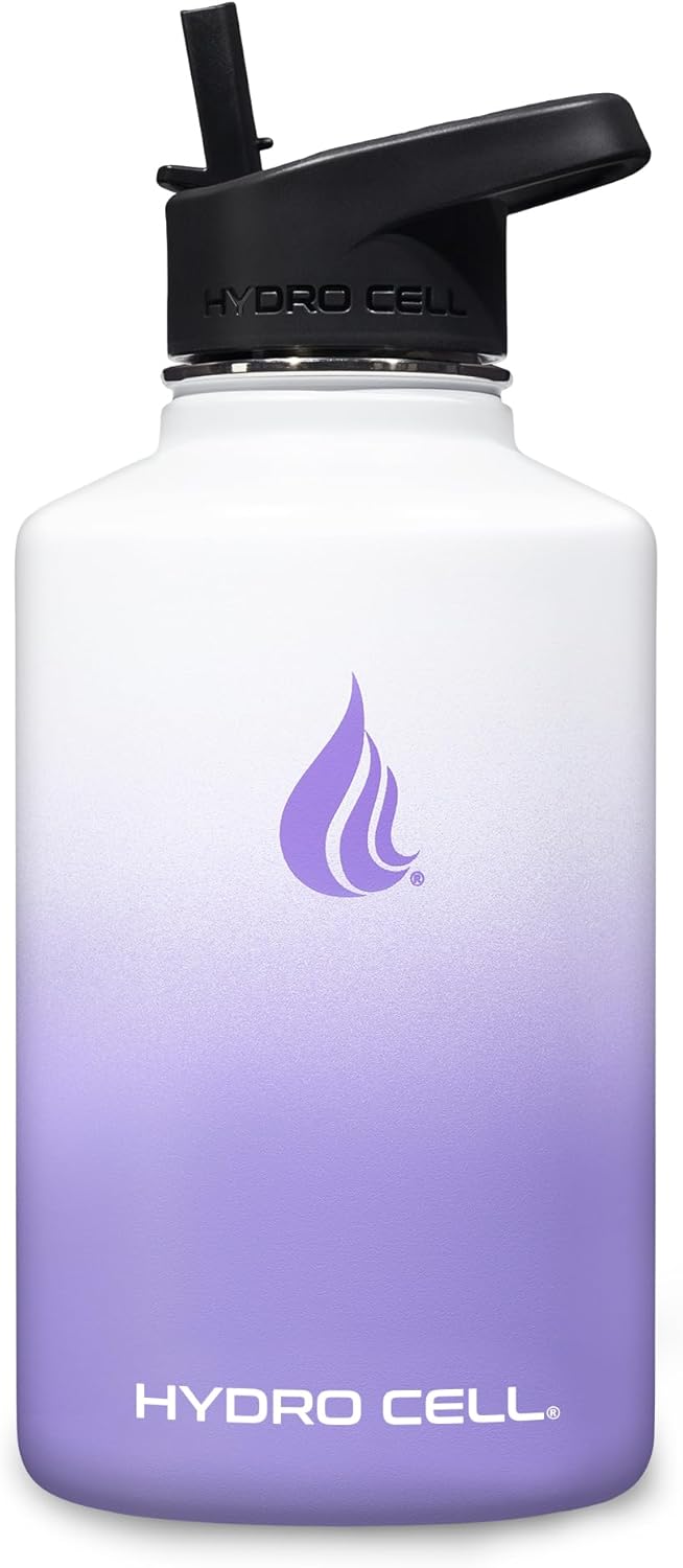 HYDRO CELL Stainless Steel Insulated Water Bottle with Straw - For Cold & Hot Drinks - Metal Vacuum Flask with Screw Cap and Modern Leakproof Sport Thermos for Adults (Lavender/White 64oz)