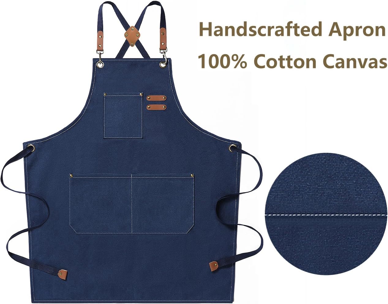 AFUN Chef Aprons for Men Women with Large Pockets, Cotton Canvas Cross Back Heavy Duty Adjustable Work Apron, Size M to XXL (Darkblue)