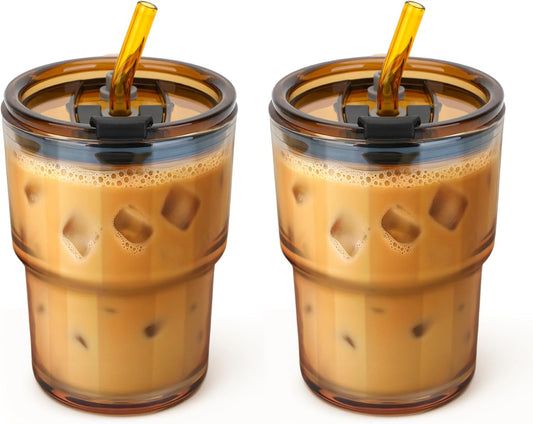 13 oz Glass Tumbler with Glass Straw and Lid, Leak-Proof Reusable Travel Cup for Iced Coffee, Tea, Matcha, Fruit Juice – Thick Wall Clear Water Bottle (Amber, 2 Pack)