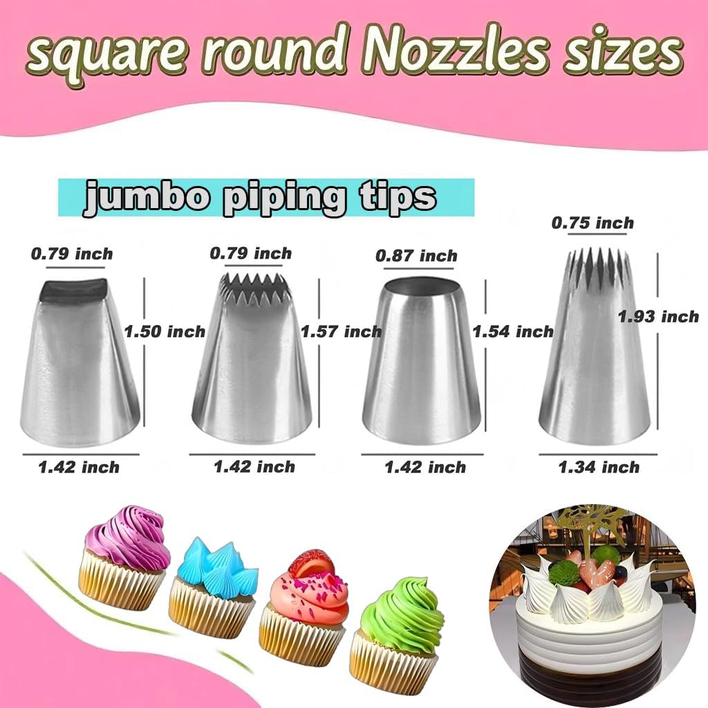 Extra large piping tips set, stainless steel round piping tips,star square wide piping tip jumbo piping tips, Cake DecoratingTips for Cupcakes Pastry Fondant Cakes Decorating （F02 9FT F06 R22L)