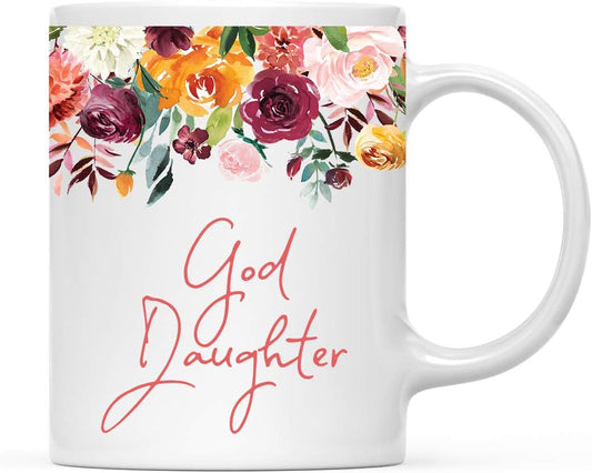 Andaz Press 11oz. Mother's Day Ceramic Coffee Tea Mug Gift, Fall Autumn Burgundy Orange Peach Flowers Roses Florals, God Daughter, 1-Pack