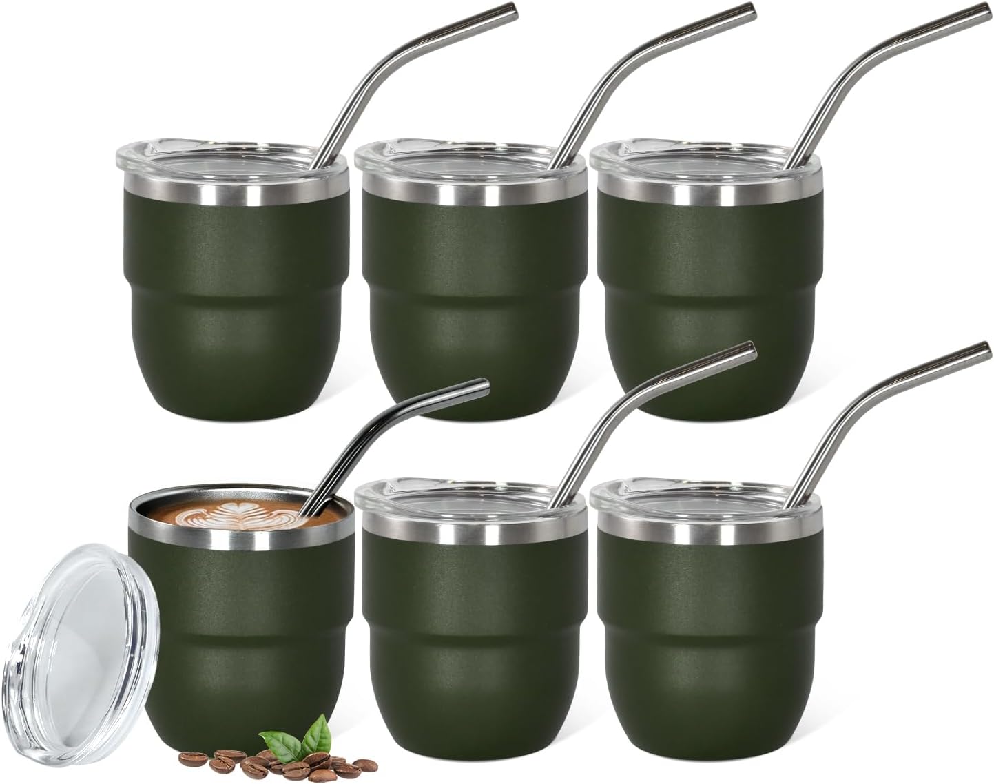 4oz Stackable Cup, Vacuum Insulated Espresso Cup Set of 6, Espresso Shot Cup for Coffee, Double Wall Stainless Steel Mini Tumbler Shot Glasses with Straw and Lid (A-green6P, 4oz)