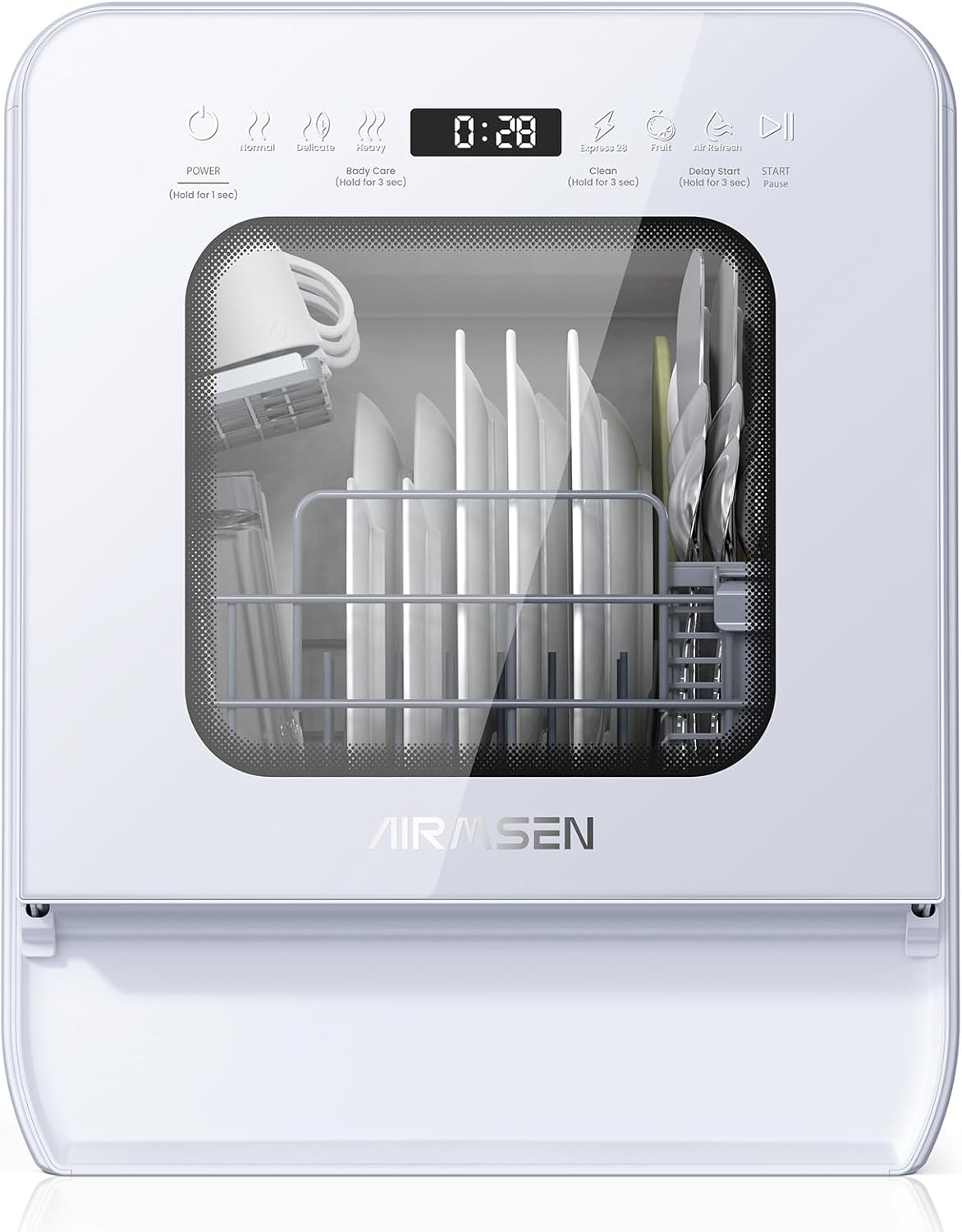 AIRMSEN Portable Countertop Dishwasher with 5L Water Tank, Mini Dishwasher with 14.6” Narrow & 20.1“ Deep Design, 9 Programs, 24H Delay Start & 360° Dual Spray, No Hookup Needed, C01, White