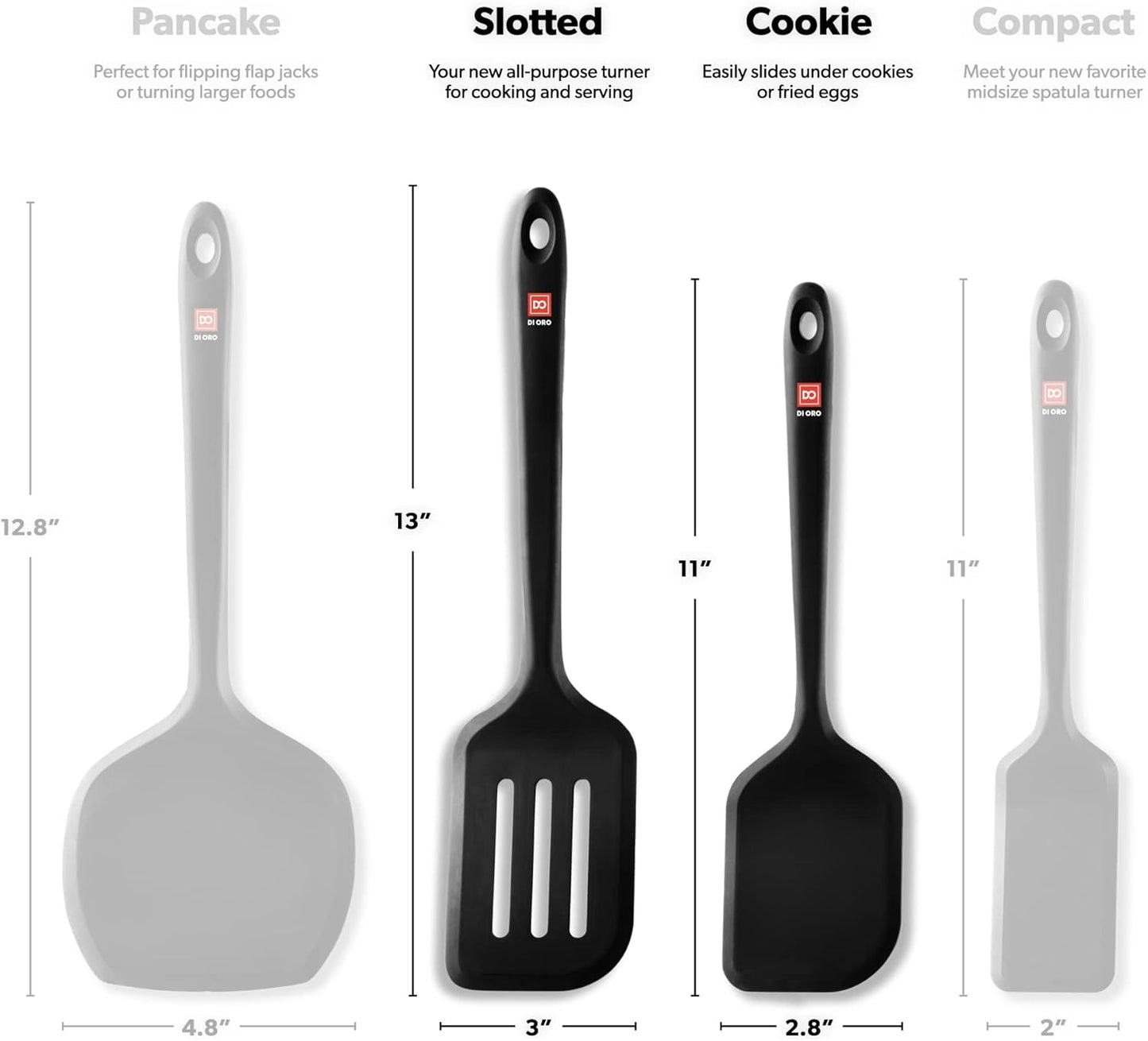 DI ORO Silicone Turner Spatula Set - Kitchen Spatulas for Nonstick Cookware - Cooking Utensils for Flipping Eggs & Pancakes - 600°F Heat-Resistant BPA Free Turners - Dishwasher Safe (2pc, Black)