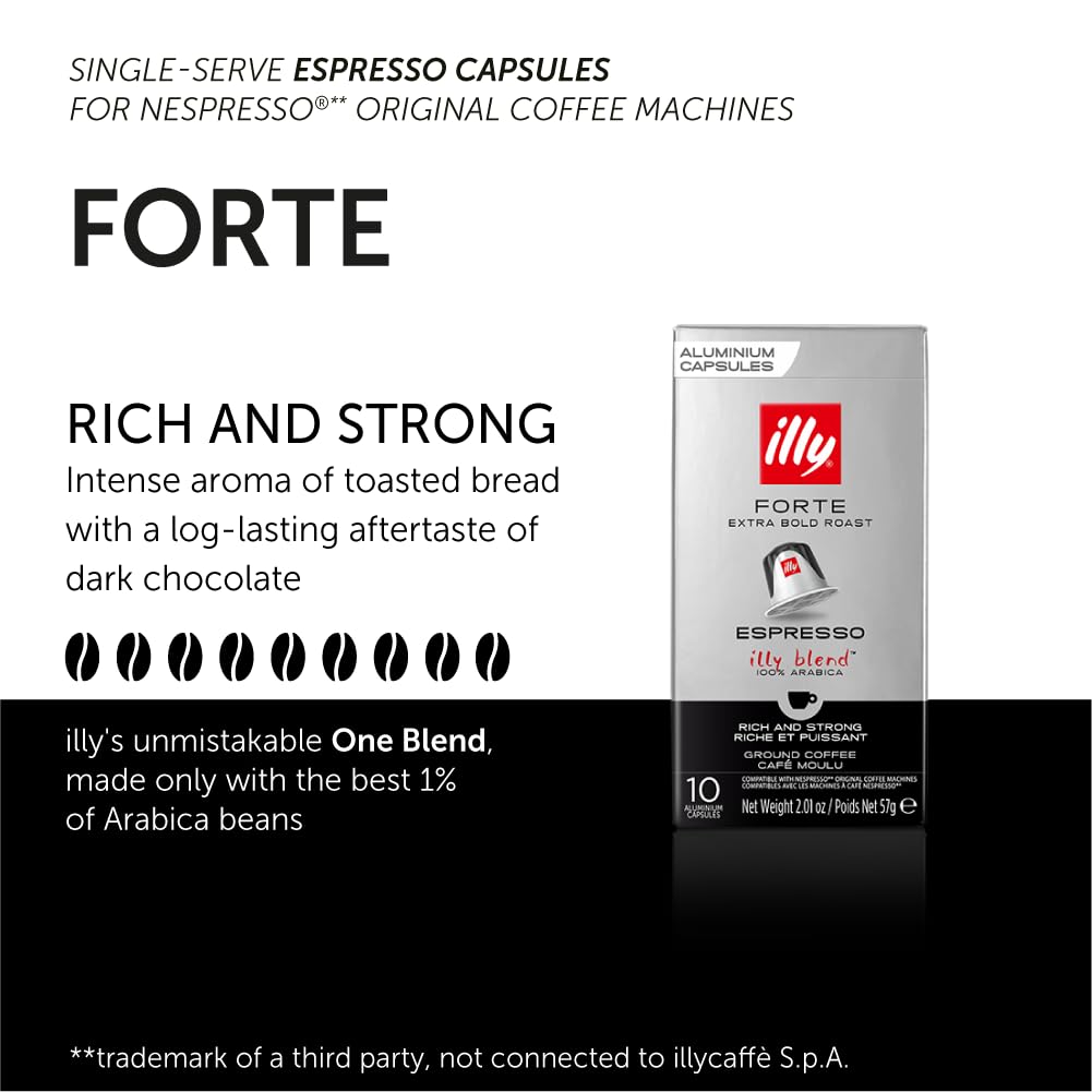 Illy Espresso Compatible Capsules - Single-Serve Coffee Capsules & Pods - Forte Extra Bold Roast - Notes Of Dark Chocolate Coffee Pods - For Nespresso Coffee Machines – 10 Count