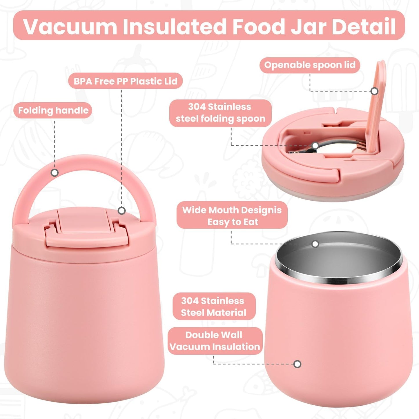 20oz Insulated Vacuum Food Jar with Buckle Lid,Soup Thermo for Hot Food Kids,Wide Mouth Leakproof Stainless Steel Lunch Container with Spoon-Pink