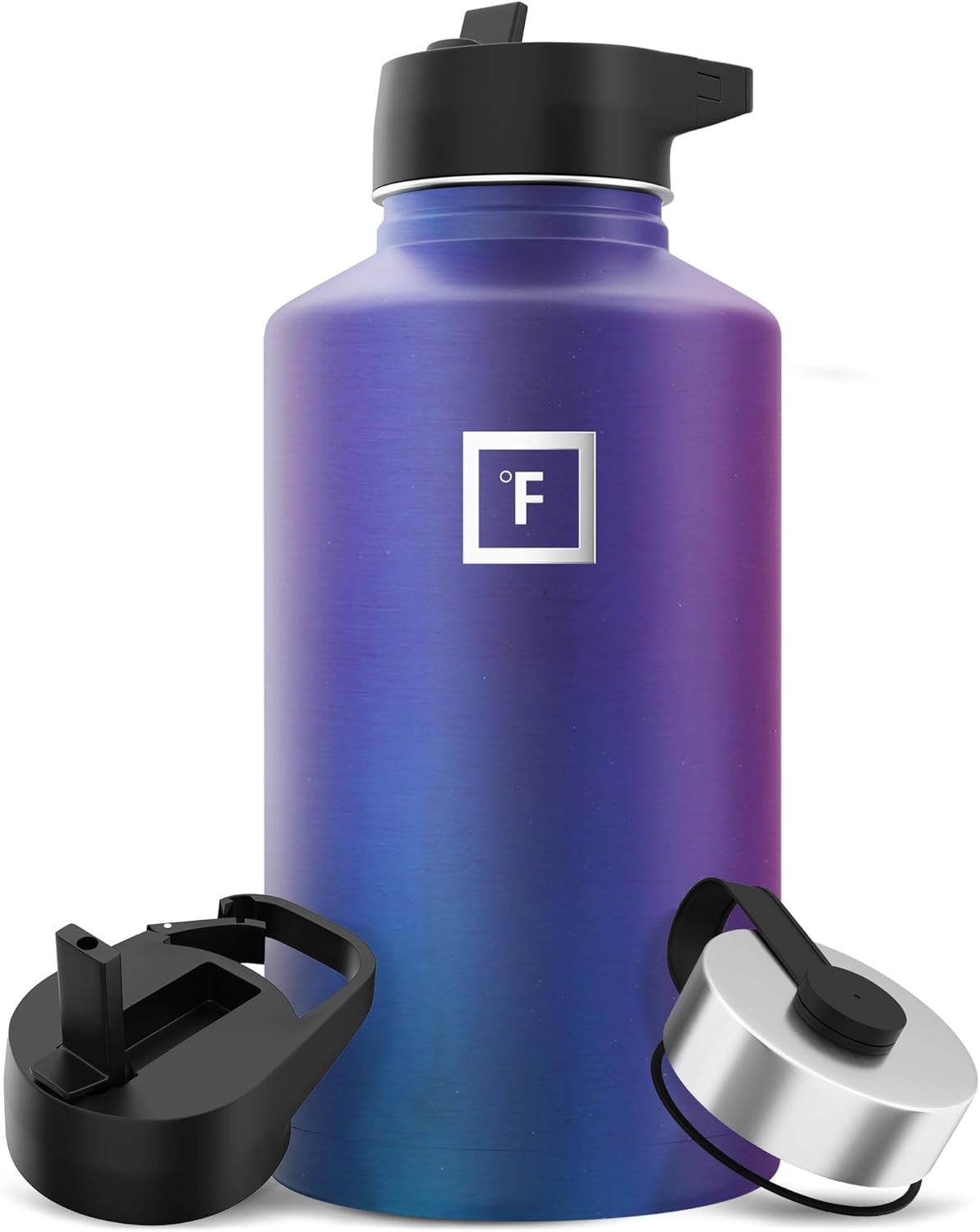 IRON °FLASK Camping & Hiking Hydration Flask with 3 Lids - Stainless Steel, Double Walled & Vacuum Insulated Water Bottle - Leak Proof & BPA Free (Aurora, Straw - 64 oz)