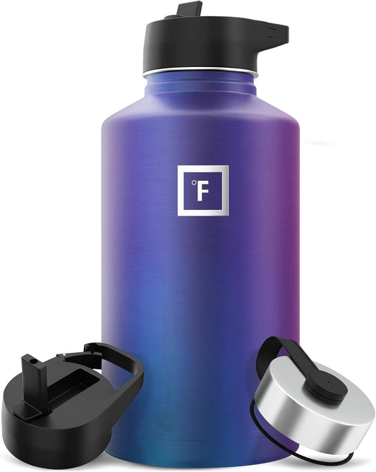 IRON °FLASK Camping & Hiking Hydration Flask with 3 Lids - Stainless Steel, Double Walled & Vacuum Insulated Water Bottle - Leak Proof & BPA Free (Aurora, Straw - 64 oz)