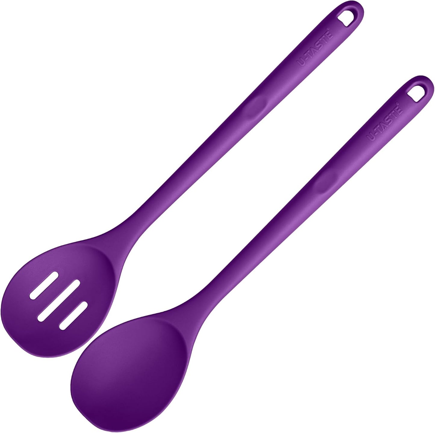 600ºF Heat Resistant Silicone Spoons: U-Taste 13.3in Solid & Slotted Kitchen Cooking Spoon, Nonstick Food Grade Long Rubber Utensil, Sturdy for Mixing, Serving, Frying, Draining (Purple, 2PCS)
