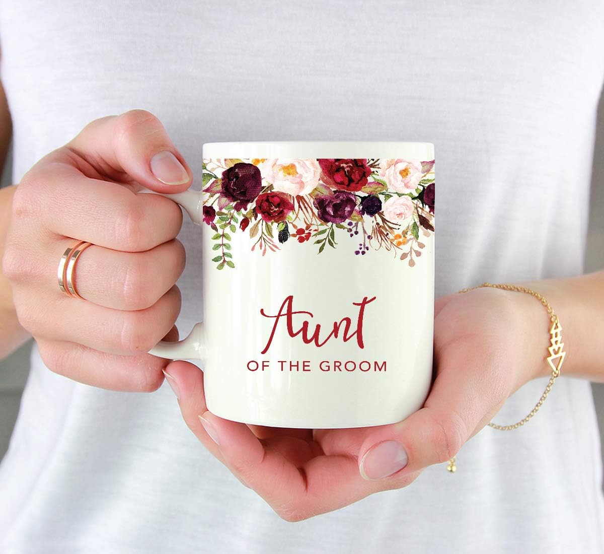 Andaz Press 11oz. Wedding Ceramic Coffee Tea Mug Gift, Fall Autumn Marsala Burgundy Flowers Roses Florals, Aunt of the Groom, 1-Pack, Includes Gift Box