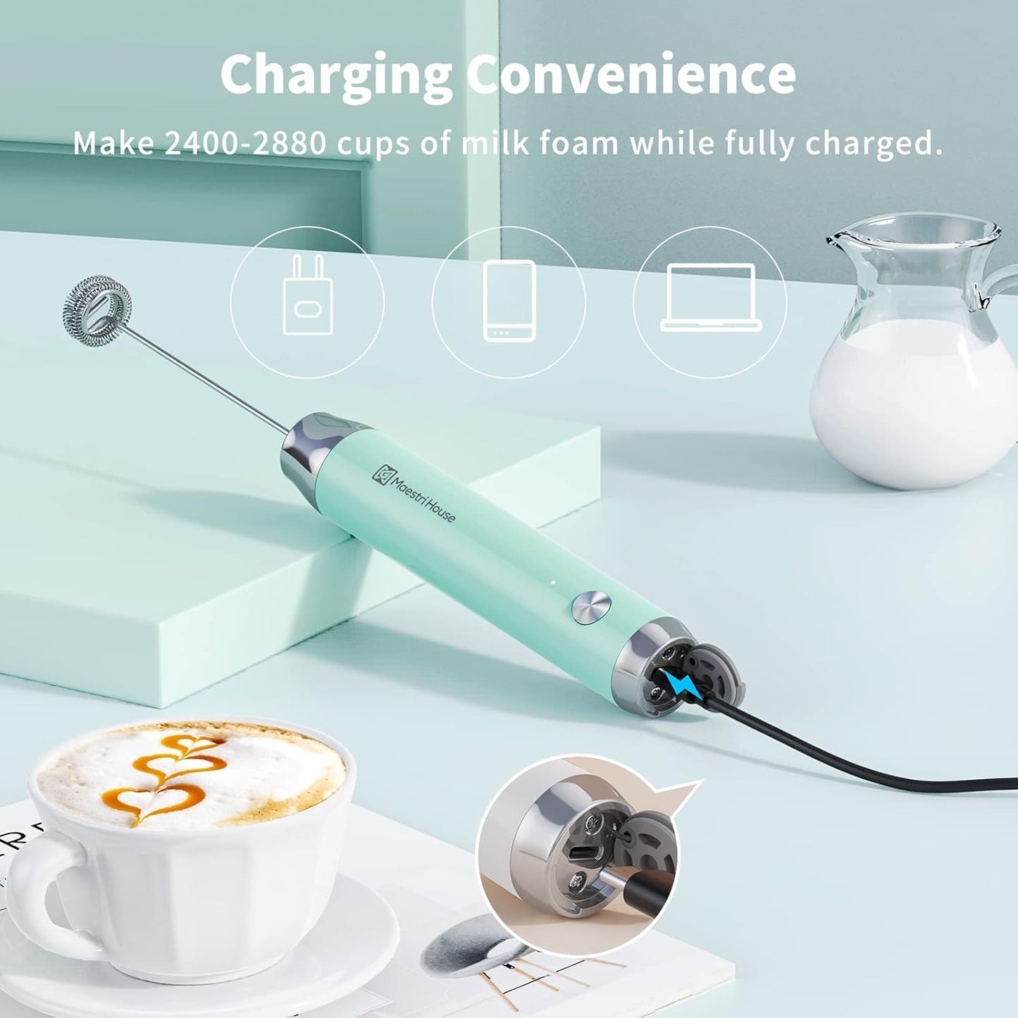 Maestri House Rechargeable Milk Frother, LunaFro NS Handheld Electric Foam Maker Waterproof Detachable Stainless Steel Whisk Drink Mixer Foamer for Lattes, Cappuccino, No Stand