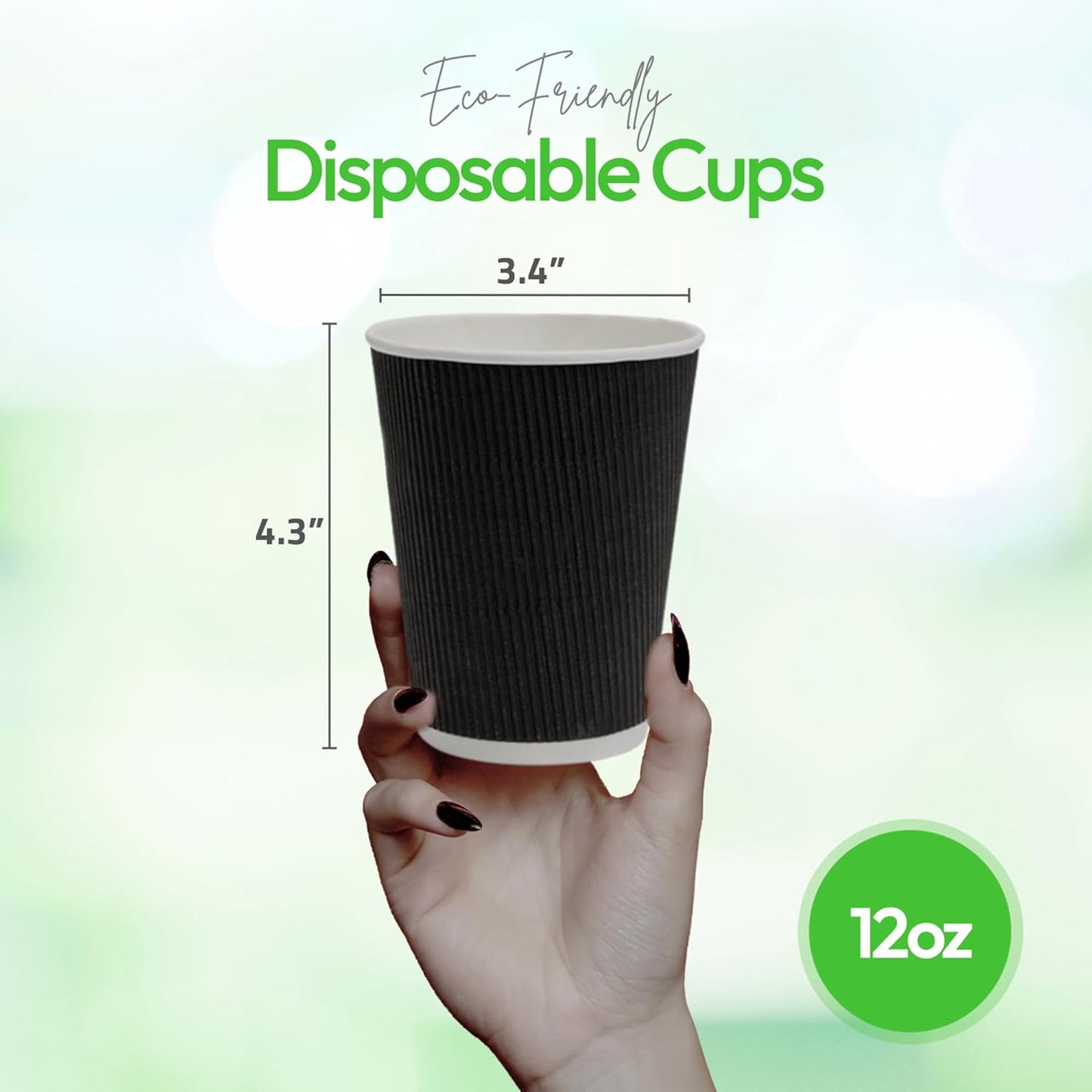 500-CT Disposable Black 12-OZ Hot Beverage Cups with Ripple Wall Design: No Need for Sleeves - Perfect for Cafes - Eco-Friendly Recyclable Paper - Insulated - Wholesale Takeout Coffee Cup