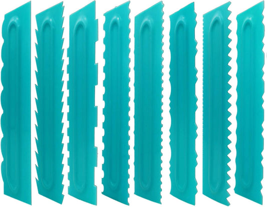 Cake Scraper set of 8 Pack Cake Edge Tools Decorating Icing Smoother Comb,Plastic Sawtooth Decorating Mousse Butter Cream Polisher-16 Design Textures-Blue