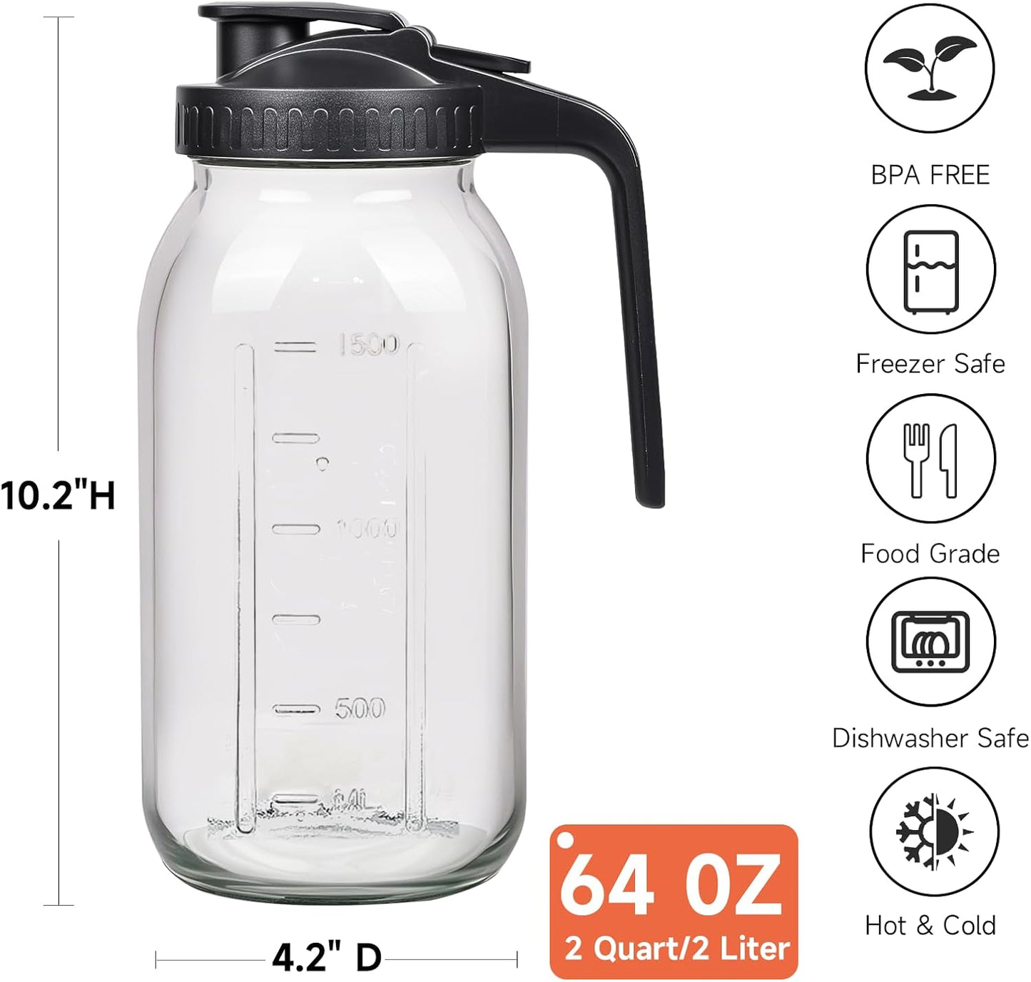 3 Pack 64oz Glass Mason Jar Pitcher with Airtight Lid and Handle – Wide Mouth, Leak-Proof, Ideal for Sun Tea, Cold Brew, Lemonade, Iced Coffee, Milk, and Water