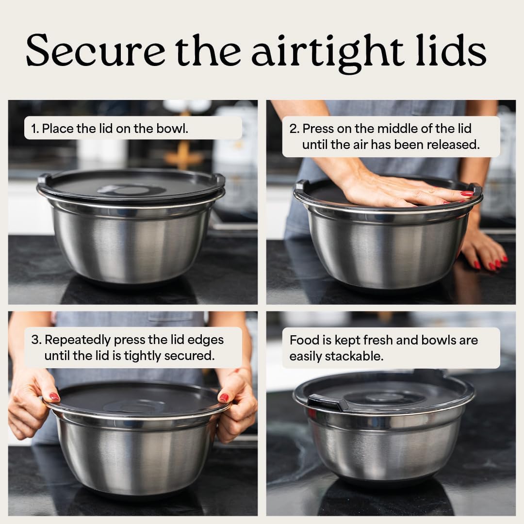 WHYSKO Stainless Steel Mixing Bowls with Lids Set - 5 Rustproof Metal Nesting Mixing Bowls for Kitchen, Meal Prep, Baking, Cooking, Storage - Includes 3 Grater Attachments, Dishwasher Safe